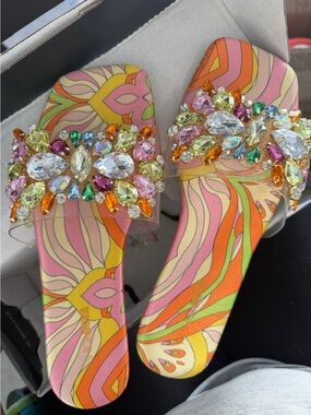 Fashion Nova Pink & Orange Crystal-Embellished Slide Sandals